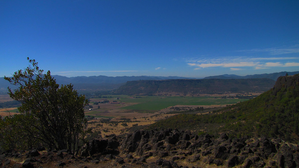 View over the Rogue Valley farmland and mesas from Upper Table Rock near Medford, Oregon