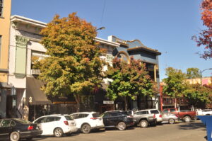 Historic brick buildings lining the Plaza in downtown Ashland, Oregon
