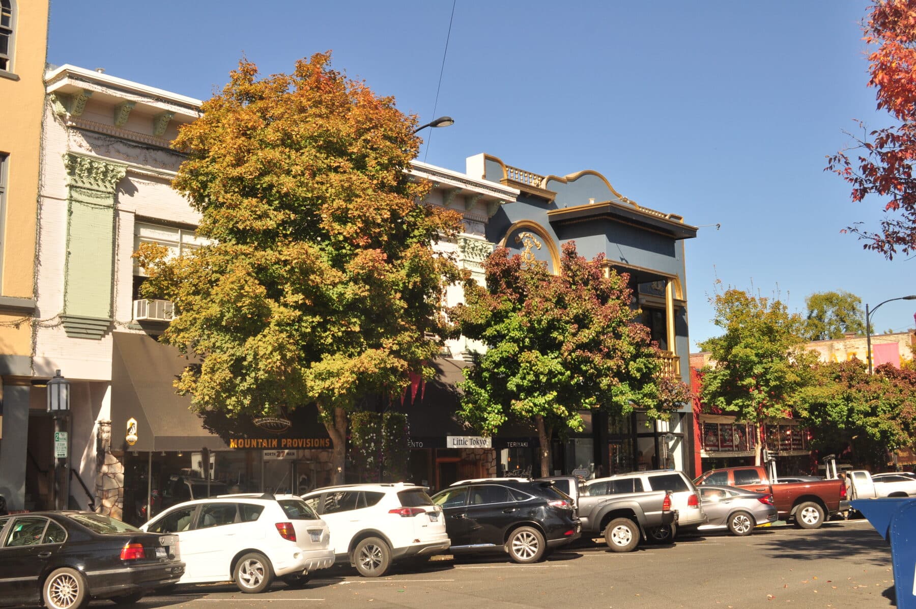 Historic brick buildings lining the Plaza in downtown Ashland, Oregon